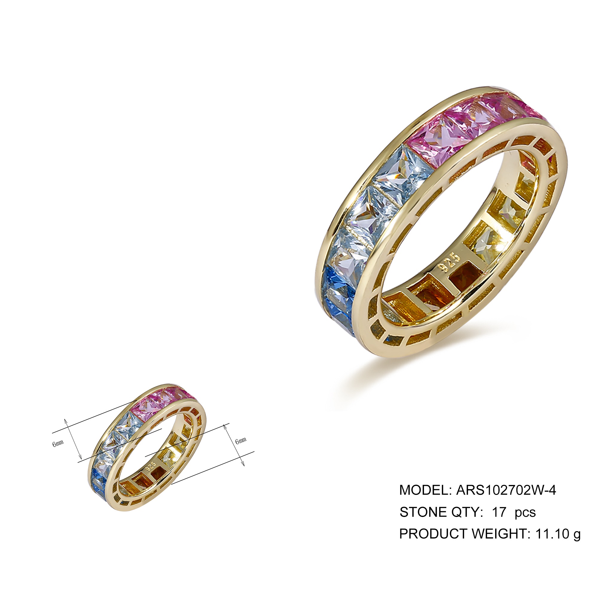 Rainbow Bridge Design 925 sterling silver zircon ring for women emerald cut 925 silver colorful baguette stone Rings