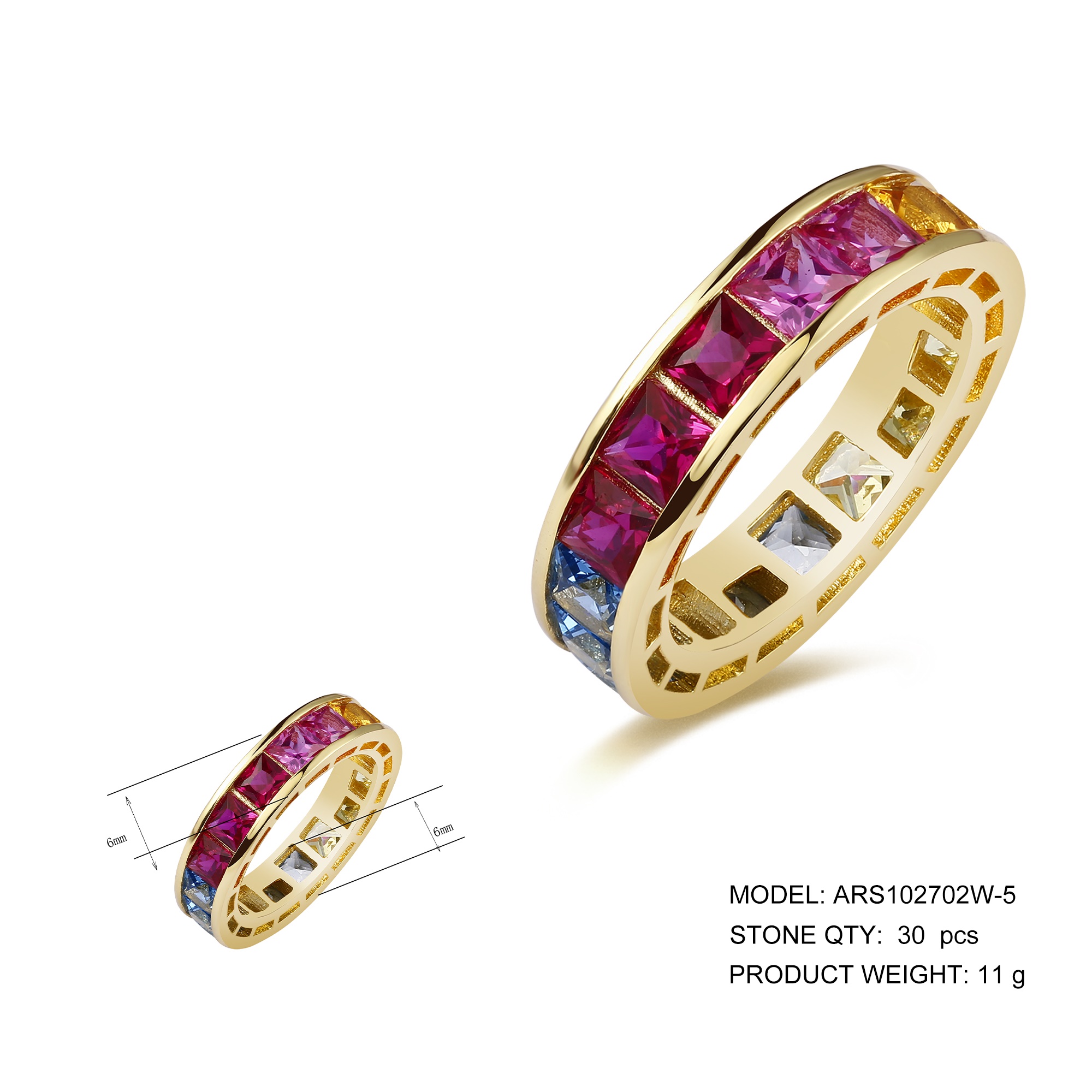 Rainbow Bridge Design 925 sterling silver zircon ring for women emerald cut 925 silver colorful baguette stone Rings