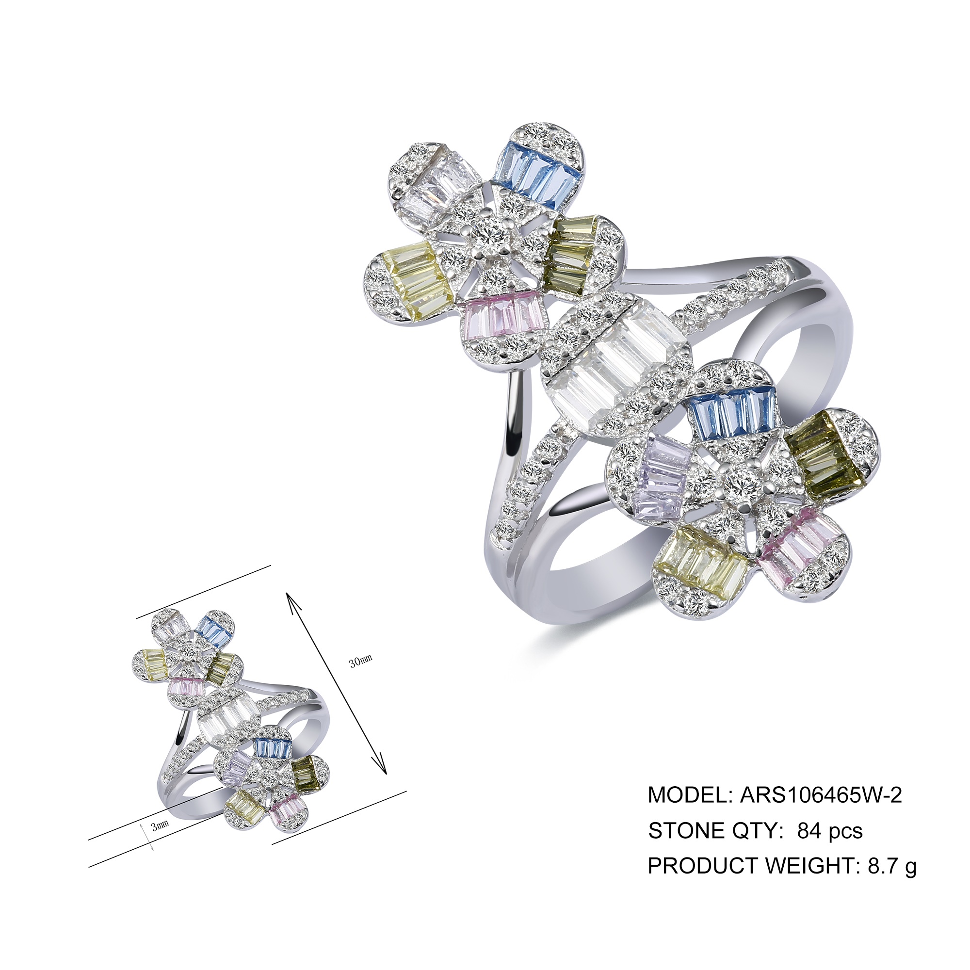 925 Silver fashion color circonia stone fan shape ring