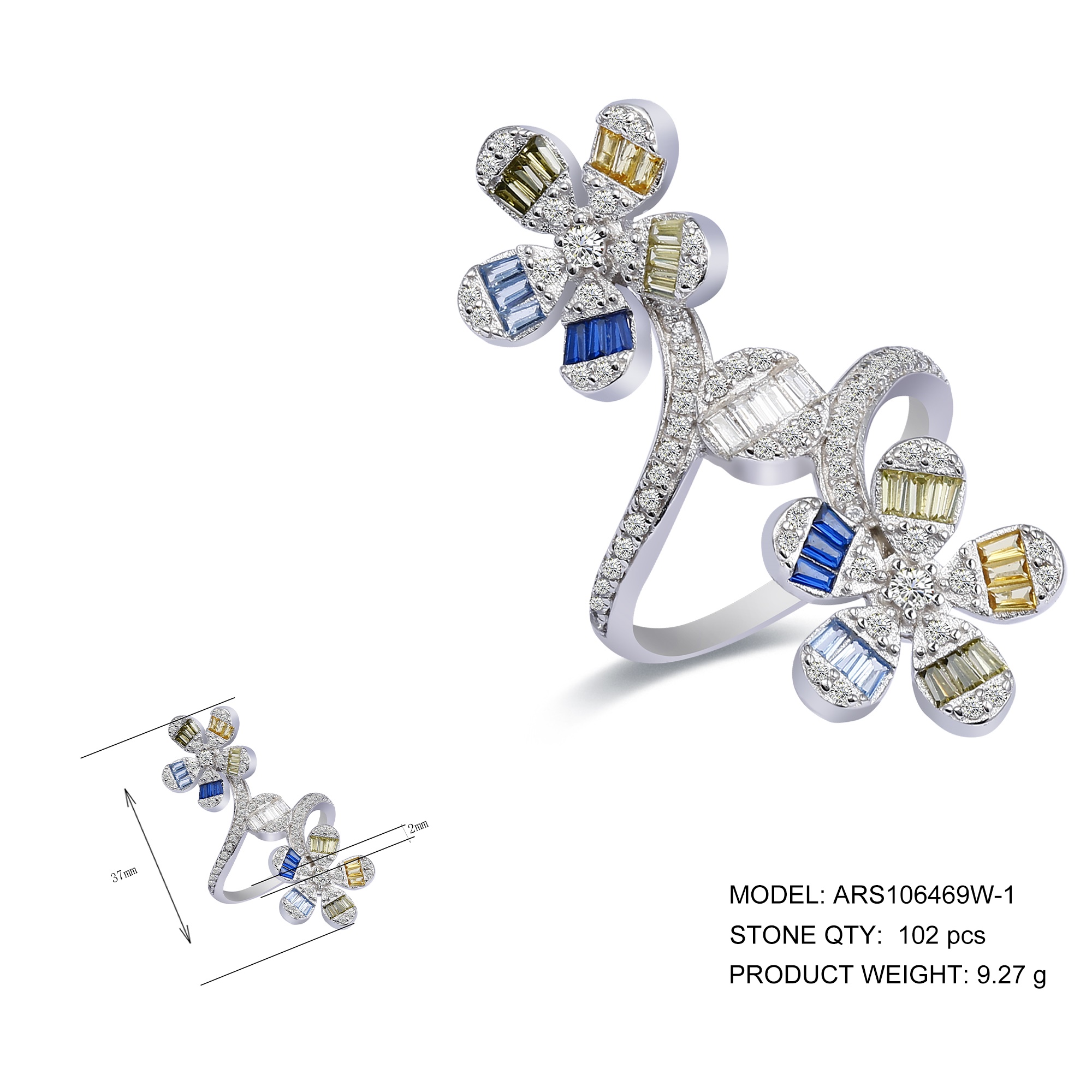 925 Silver fashion color circonia stone fan shape ring