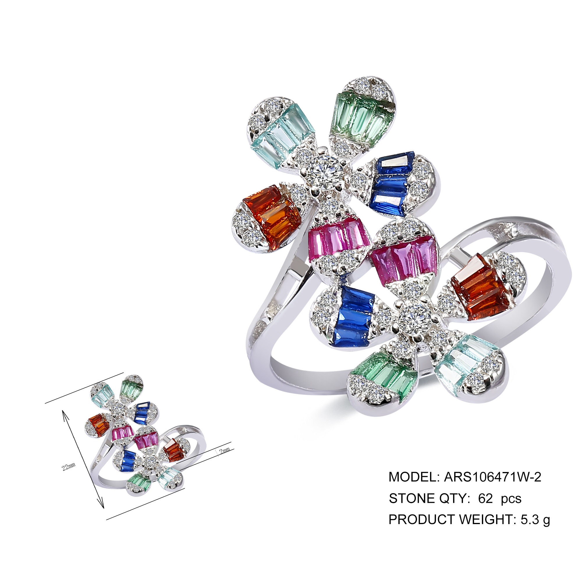 925 Silver fashion color circonia stone fan shape ring
