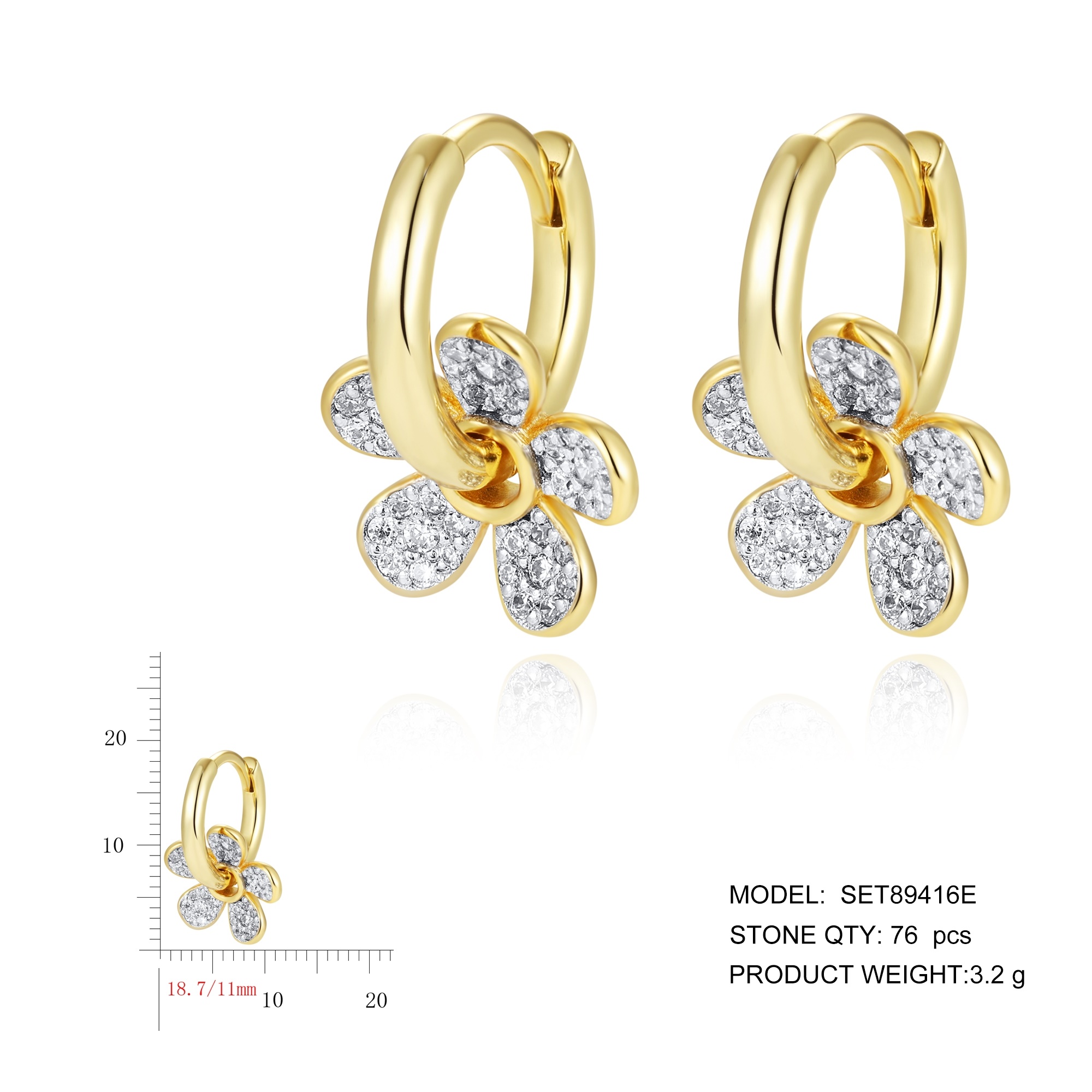 New Vintage Flower Huggie Earrings Small Hoop Earring Plated Flower Drop Dangle Earrings Gold Shiny Cubic Zirconia 18K Silver
