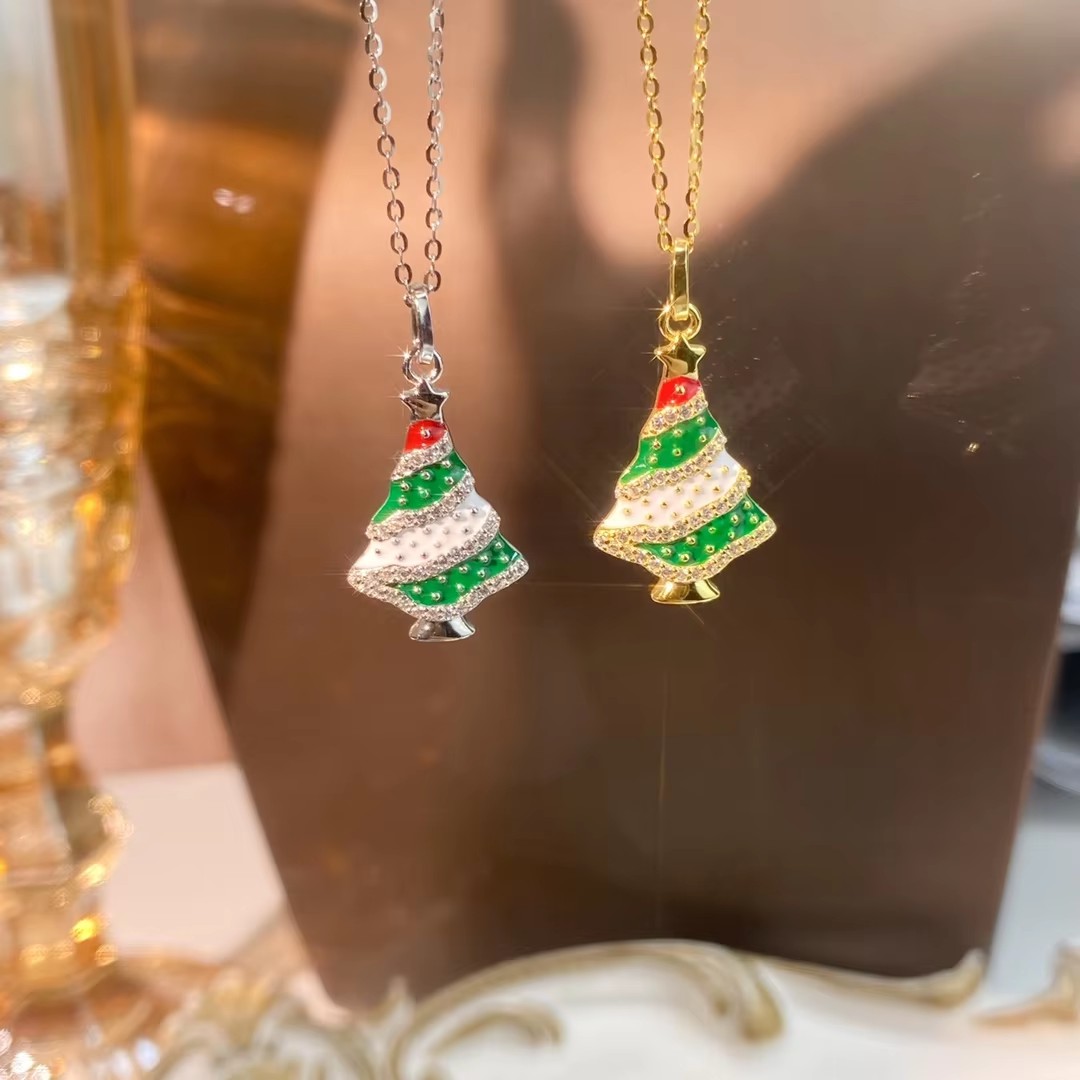 Newest Holiday Jewelry 925 Sterling Silver Dainty Shiny CZ Christmas Tree Pendant Necklace for Gift