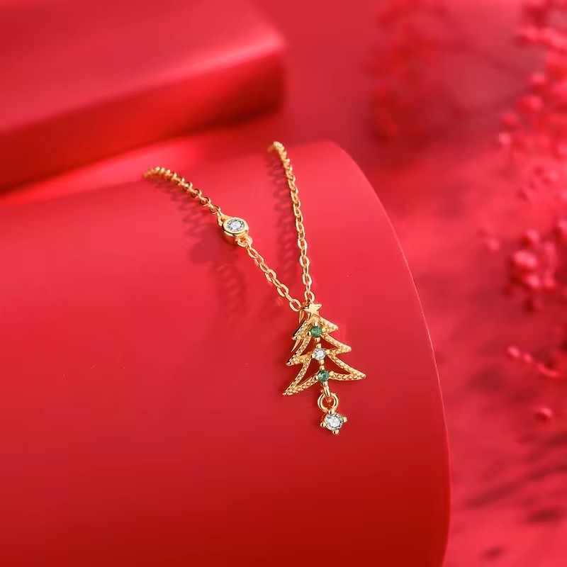 Newest Holiday Jewelry 925 Sterling Silver Dainty Shiny CZ Christmas Tree Pendant Necklace for Gift