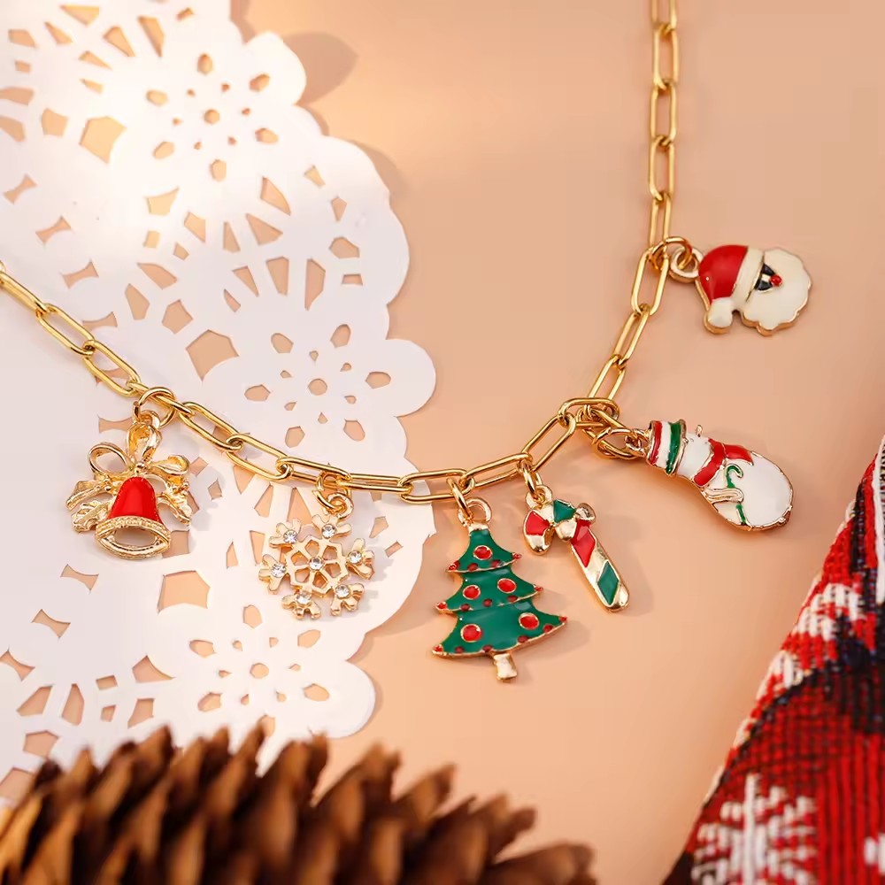Fashion Christmas Necklace Bell Snowman Snowflake Christmas Charm Pendant Necklace Jewelry Gift For Girls Children Women