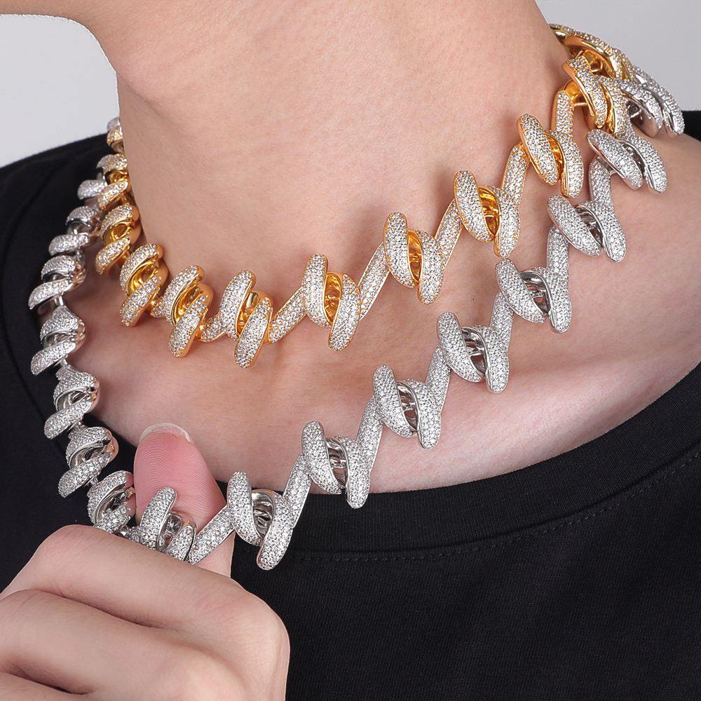 2024 Fashion 18mm Width Zircon 18K Gold Plated Snakelike Cuban Link Men Hip hop Chain Necklace