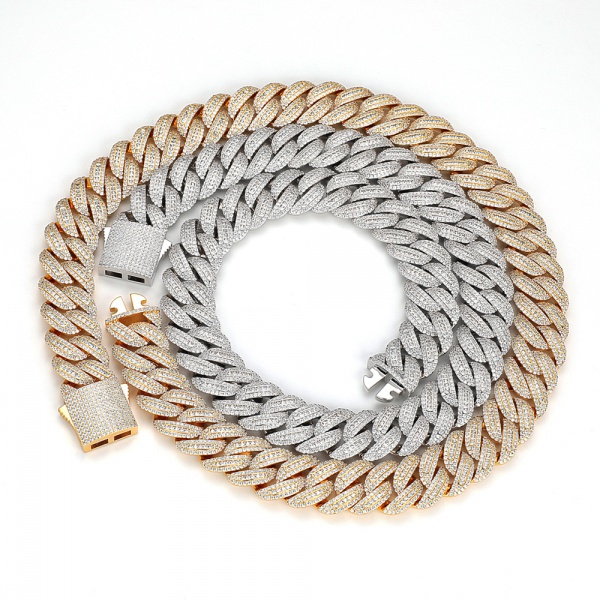 Hip Hop 18mm Silver 18K Gold Plated Iced Out Cuban Link Chain Necklace Iced Out 3A Cz Baguette Diamond Cuban Link Chain