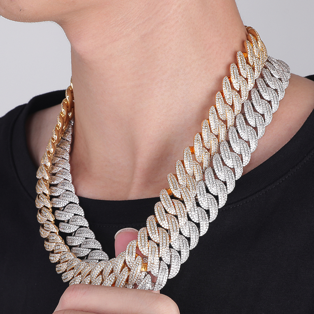 Hip Hop 18mm Silver 18K Gold Plated Iced Out Cuban Link Chain Necklace Iced Out 3A Cz Baguette Diamond Cuban Link Chain