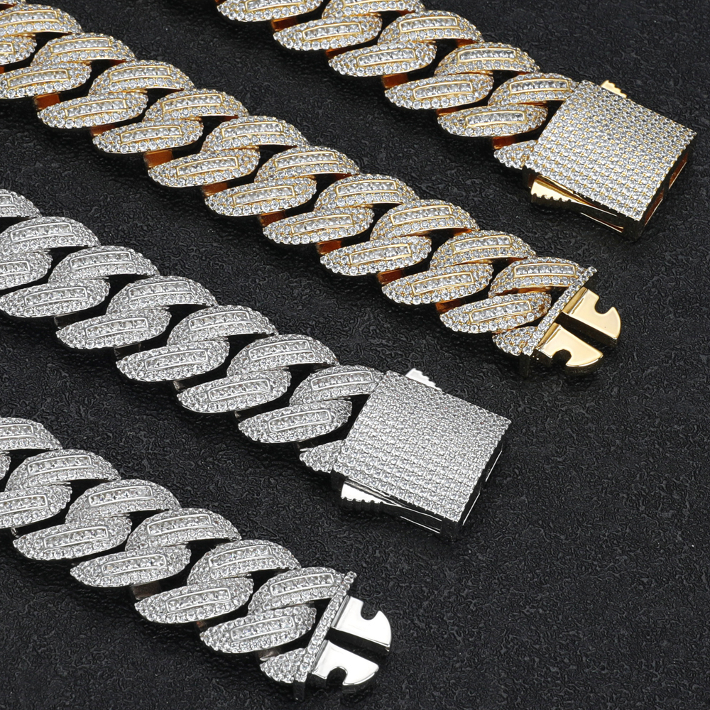 Hip Hop 18mm Silver 18K Gold Plated Iced Out Cuban Link Chain Necklace Iced Out 3A Cz Baguette Diamond Cuban Link Chain