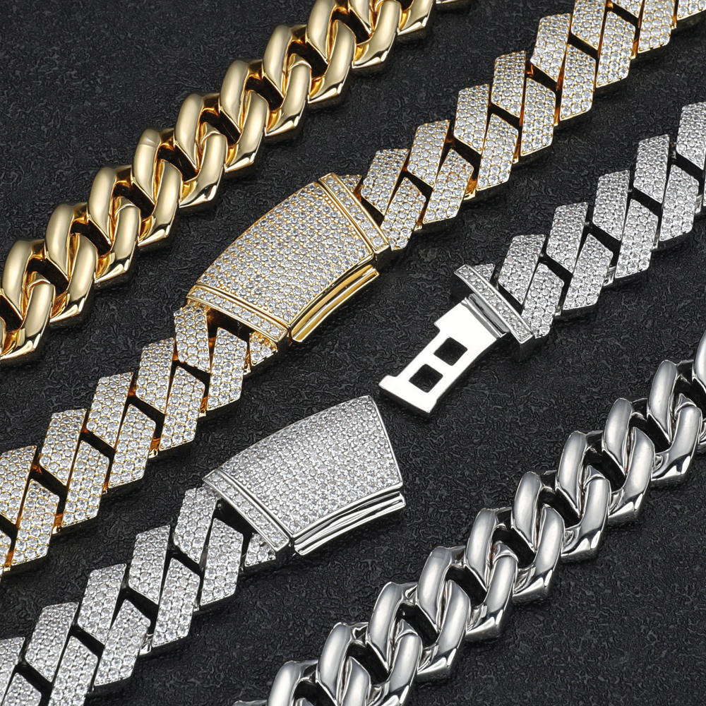 Cheap Price 3Rows 15MM Moissanite Cuban Link Chains Hip Hop Iced Out Jewelry 925 Silver Thick Cuban Chain Men Necklace Bracelet