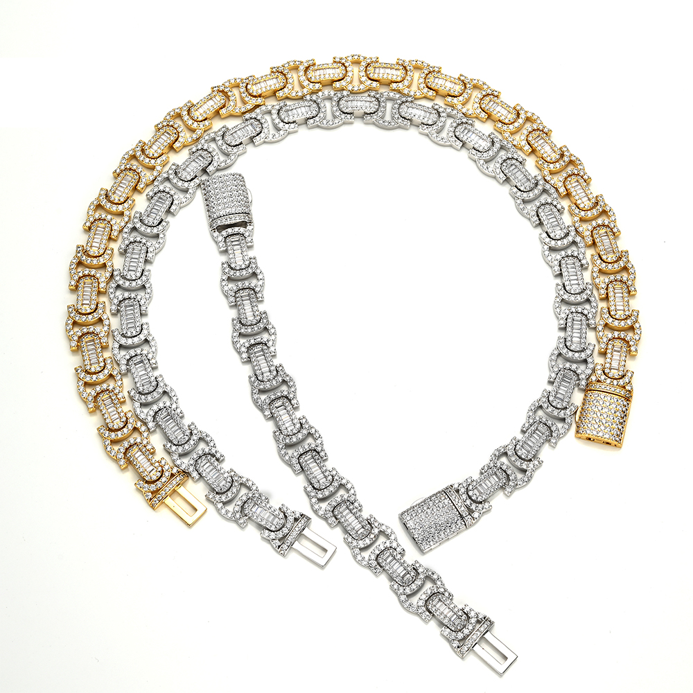 Hip Hop Jewelry Necklace 12mm 20inches baguette moissanite Diamond Ice Cuban Link Chain Prong Iced Out Cuban
