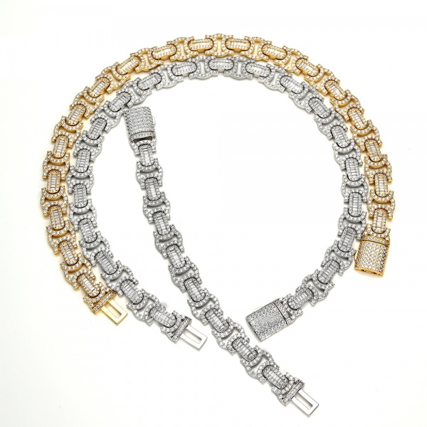Hip Hop Jewelry Necklace 12mm 20inches baguette moissanite Diamond Ice Cuban Link Chain Prong Iced Out Cuban