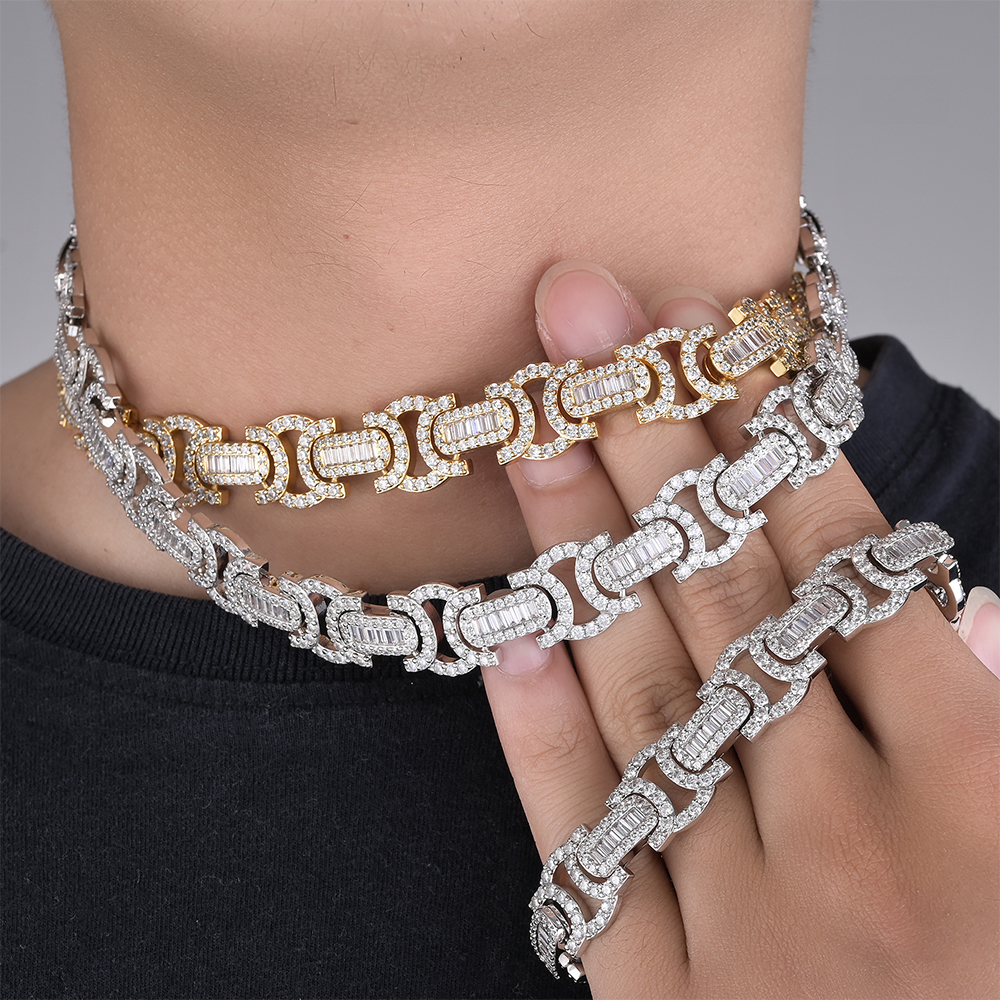 Hip Hop Jewelry Necklace 12mm 20inches baguette moissanite Diamond Ice Cuban Link Chain Prong Iced Out Cuban