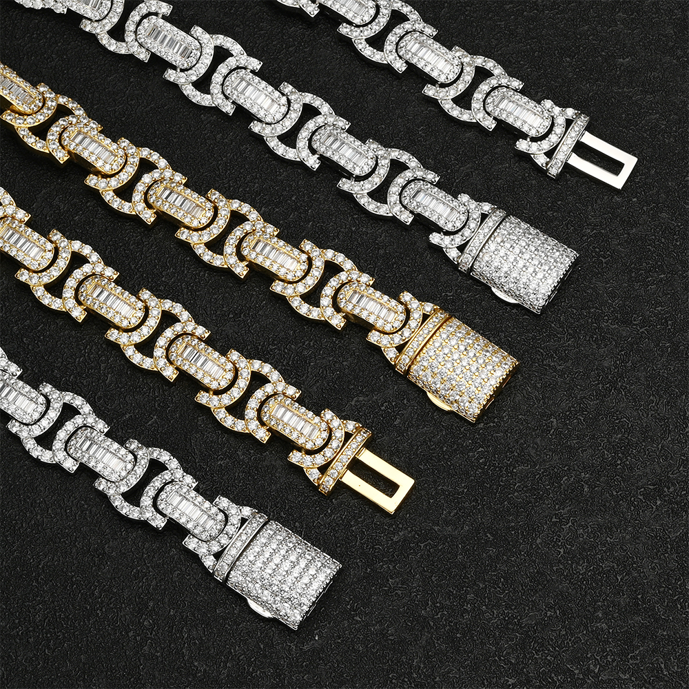 Hip Hop Jewelry Necklace 12mm 20inches baguette moissanite Diamond Ice Cuban Link Chain Prong Iced Out Cuban
