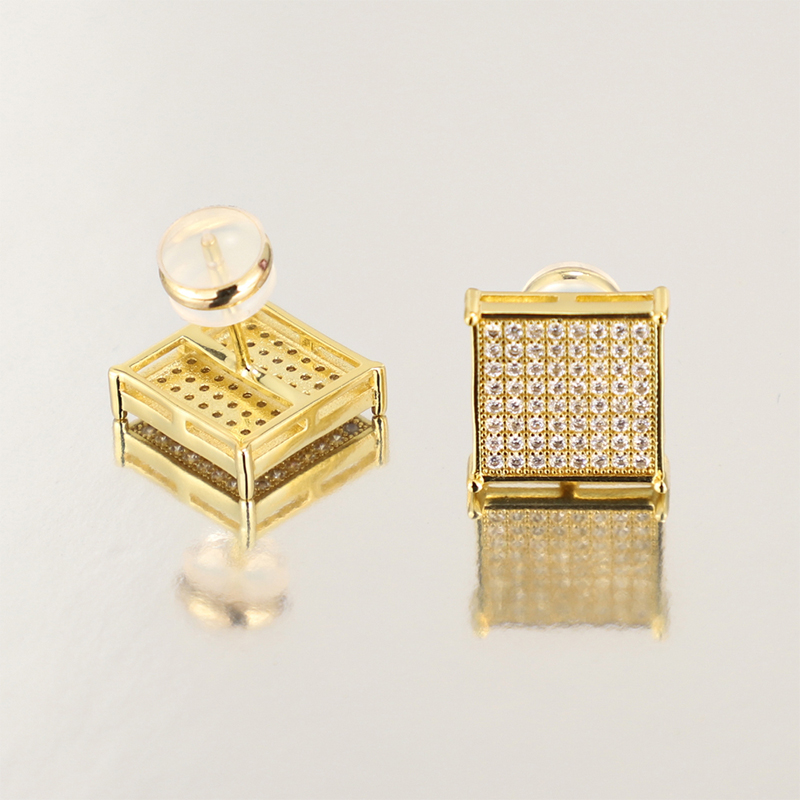 Hiphop Jewelry Square Flat Screw Back Cluster Earring 925 Sterling Silver Men Zircon Moissanite Gold Plated Stud Earring