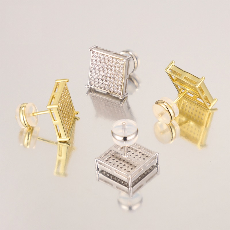 Hiphop Jewelry Square Flat Screw Back Cluster Earring 925 Sterling Silver Men Zircon Moissanite Gold Plated Stud Earring