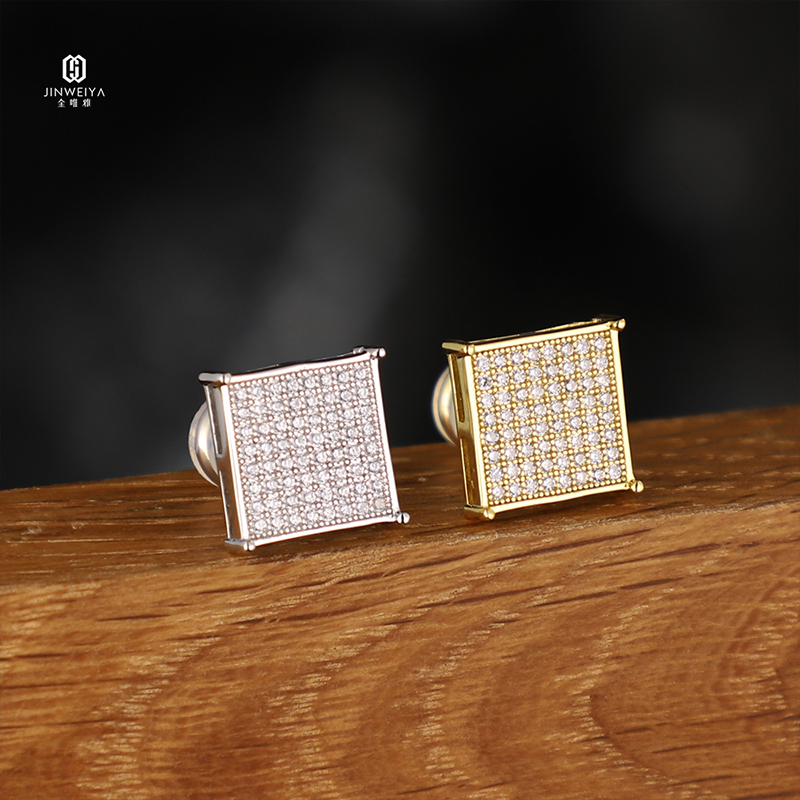 Hiphop Jewelry Square Flat Screw Back Cluster Earring 925 Sterling Silver Men Zircon Moissanite Gold Plated Stud Earring