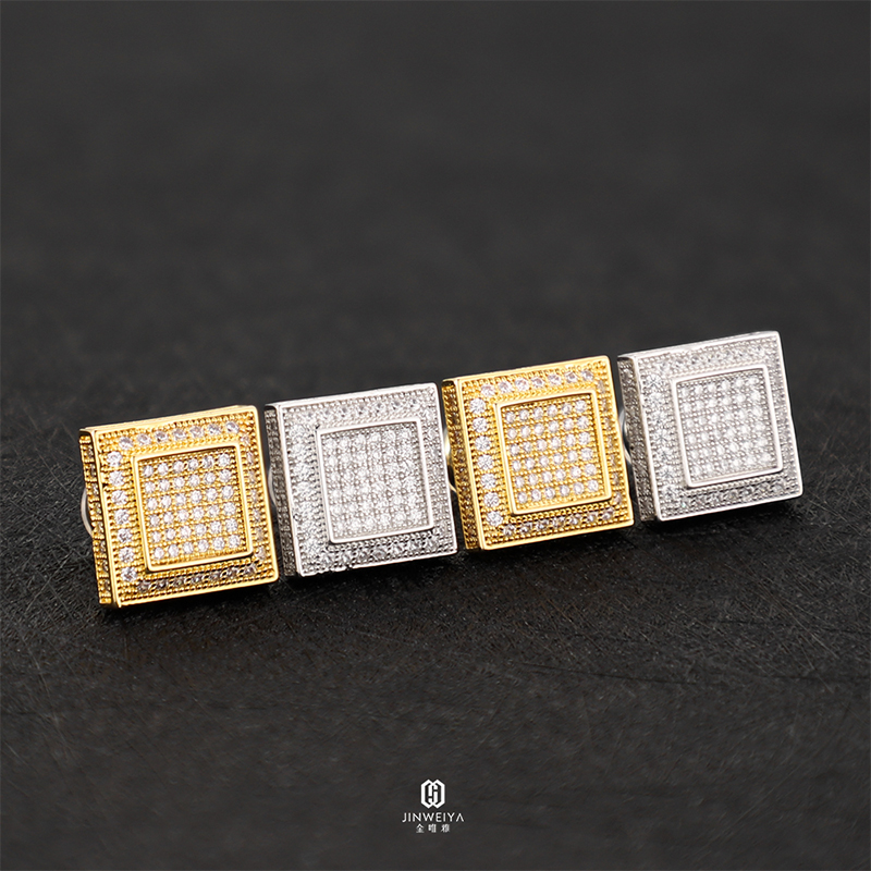 Wholesale Hip Hop Gold Plated 5a Cz Stone 925 Sterling Silver Iced Out Wedding Square Stud Earrings Rapper Men And Women Gift