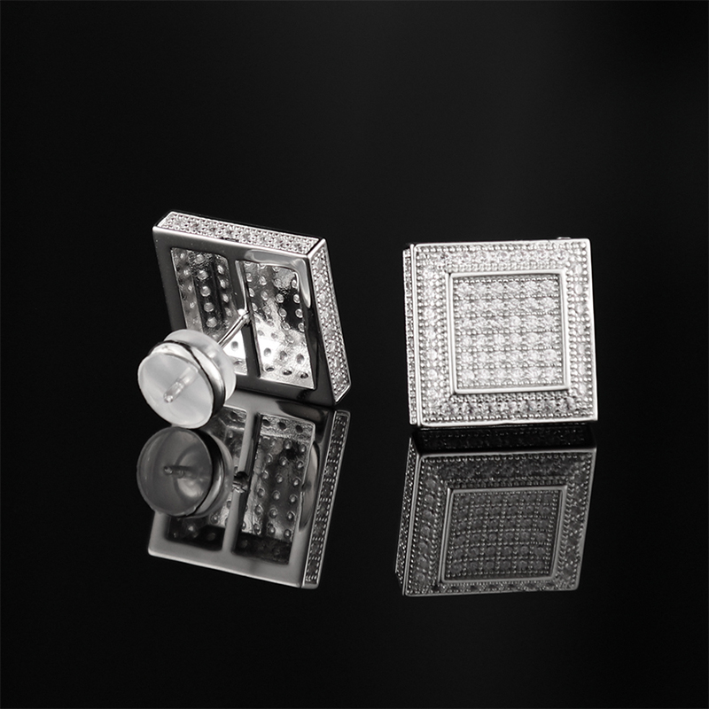 Wholesale Hip Hop Gold Plated 5a Cz Stone 925 Sterling Silver Iced Out Wedding Square Stud Earrings Rapper Men And Women Gift