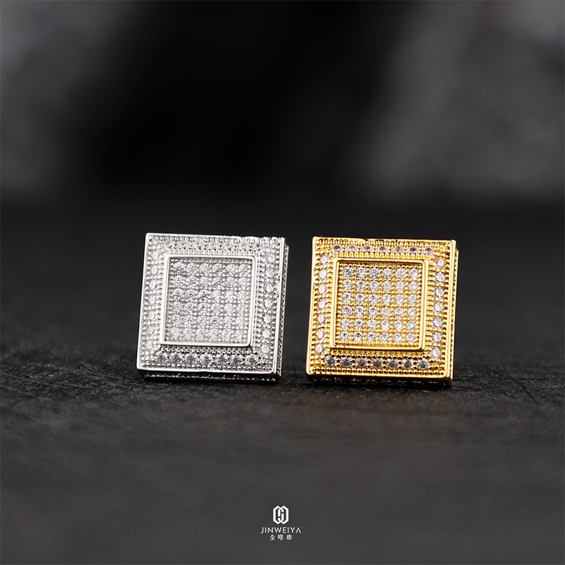Wholesale Hip Hop Gold Plated 5a Cz Stone 925 Sterling Silver Iced Out Wedding Square Stud Earrings Rapper Men And Women Gift
