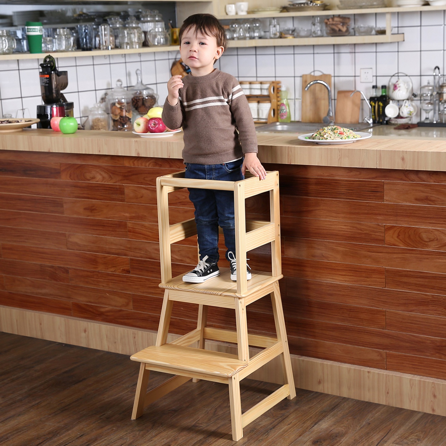 Wanhua Custom Montessori Folding Desk Convertible Wood Kitchen Helper Step Stool