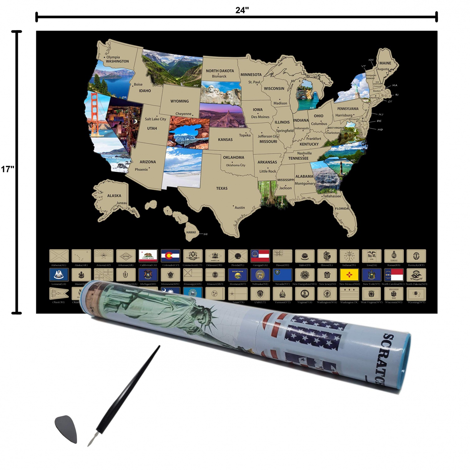 Scratch off Map United States of America Travel Poster 17 x 24 Wall Art Decor Photos