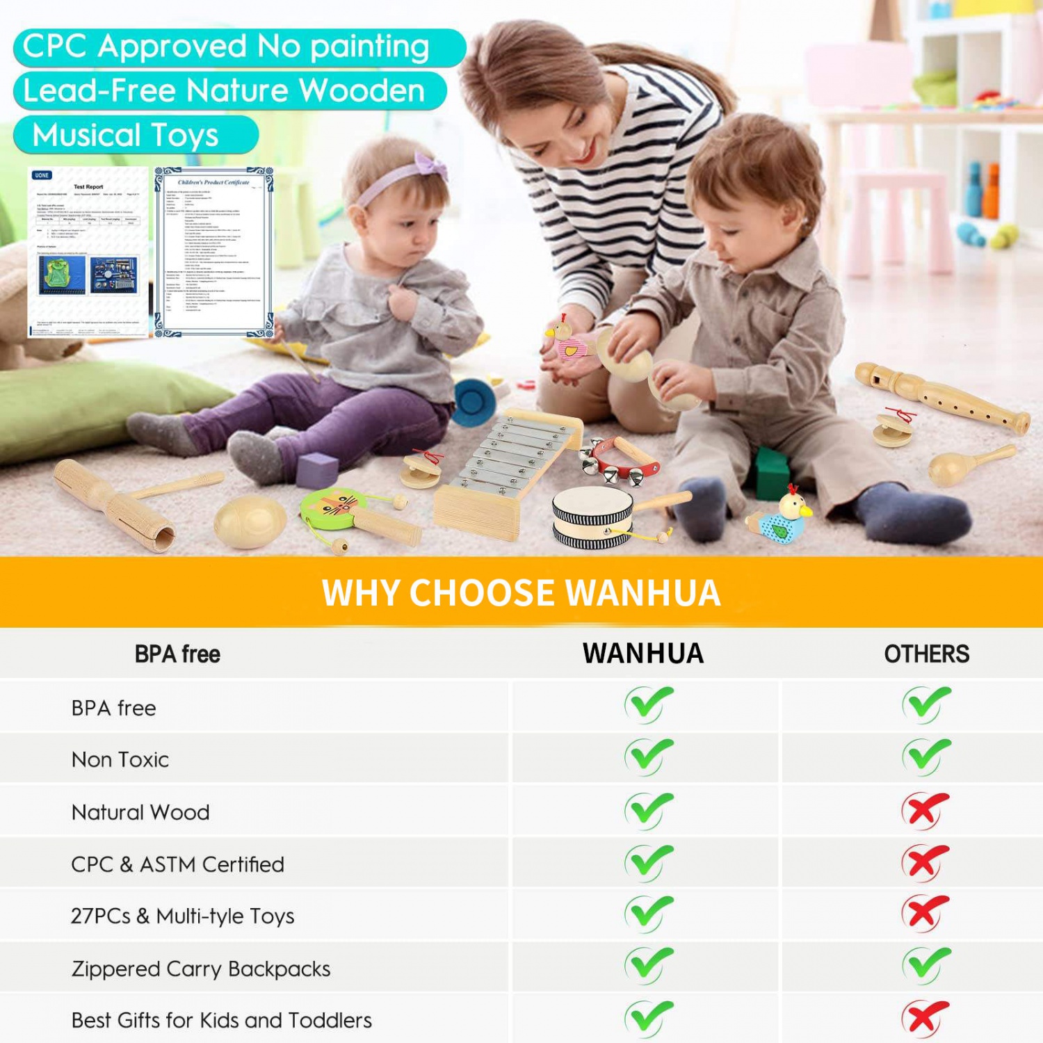 WANHUA 2023 wooden educational montessori wooden toy musical instruments set for baby