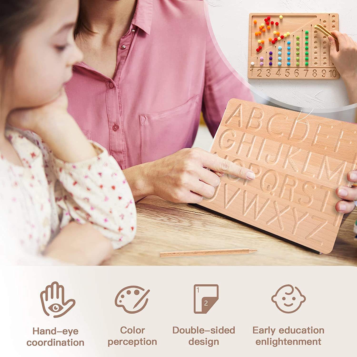 Wooden Double-Sided Bead Board with Wooden Alphabet Tracing Board Montessori Color Sorting Toy Math Counting Game for Kids