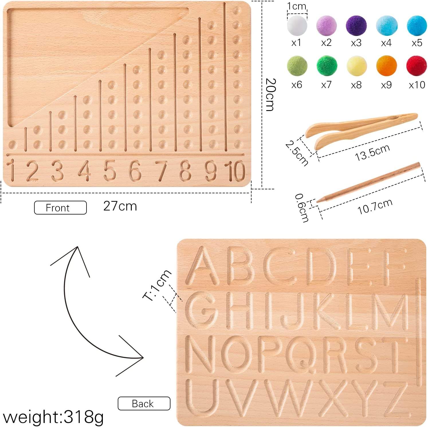 Wooden Double-Sided Bead Board with Wooden Alphabet Tracing Board Montessori Color Sorting Toy Math Counting Game for Kids