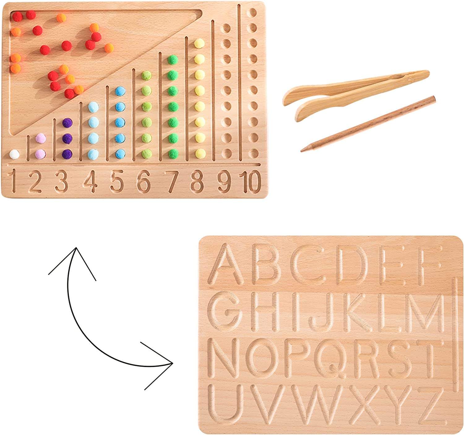 Wooden Double-Sided Bead Board with Wooden Alphabet Tracing Board Montessori Color Sorting Toy Math Counting Game for Kids
