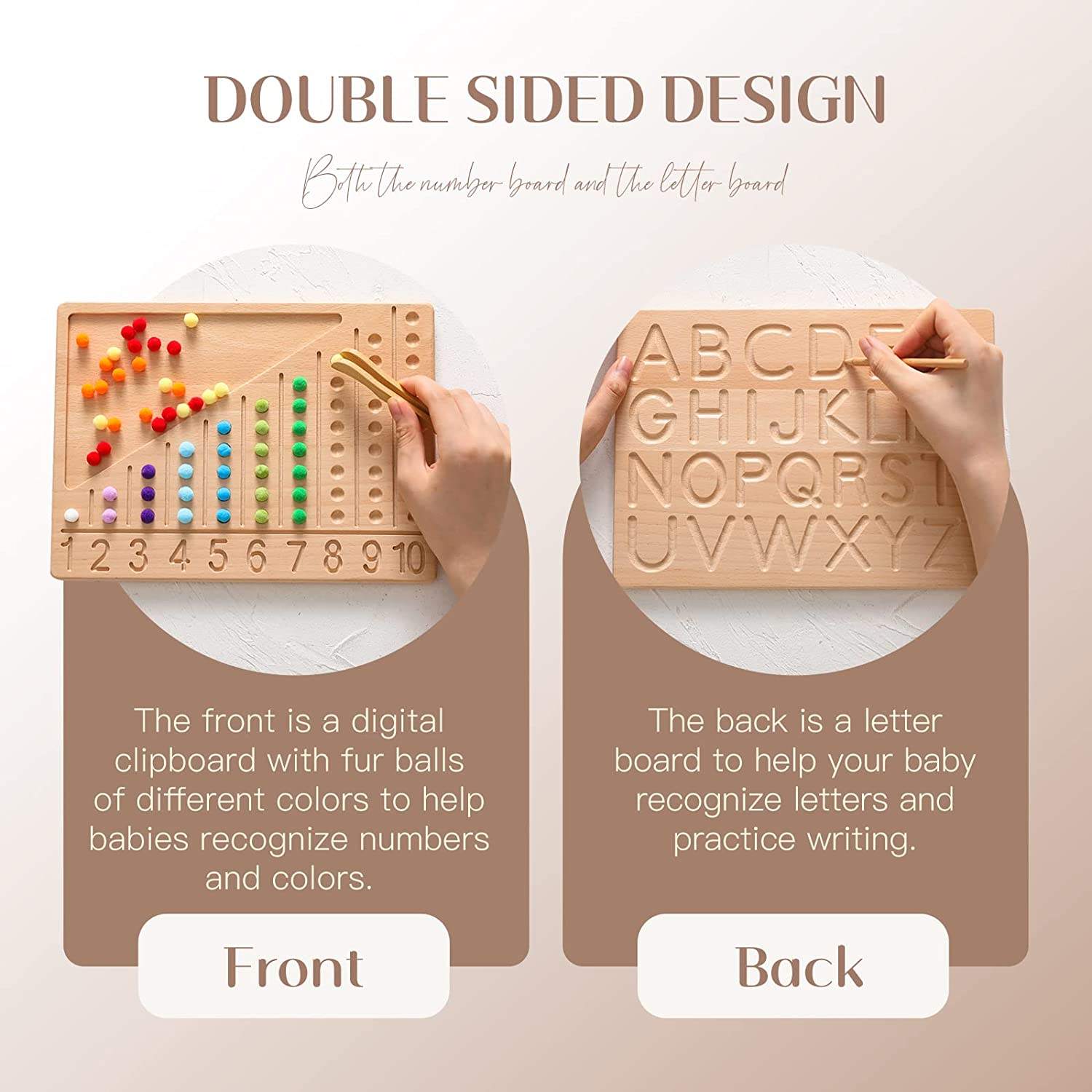 Wooden Double-Sided Bead Board with Wooden Alphabet Tracing Board Montessori Color Sorting Toy Math Counting Game for Kids