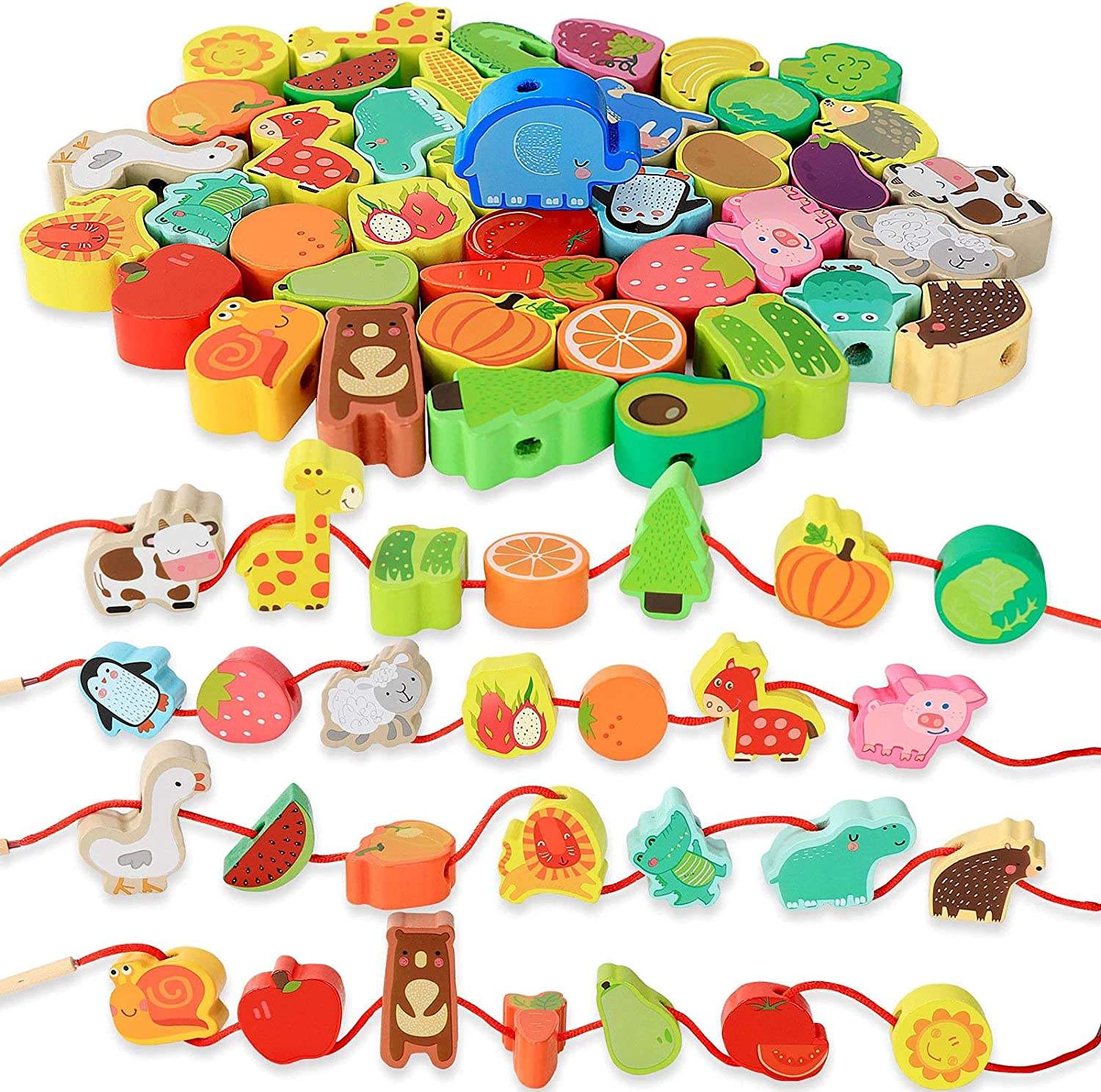 Montessori Educational Threading Toys Wooden Stringing Farm Animals Fruits Lacing Beads Preschool Toy for Toddler