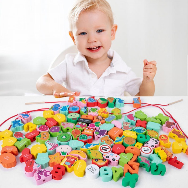 Montessori Educational Threading Toys Wooden Stringing Farm Animals Fruits Lacing Beads Preschool Toy for Toddler