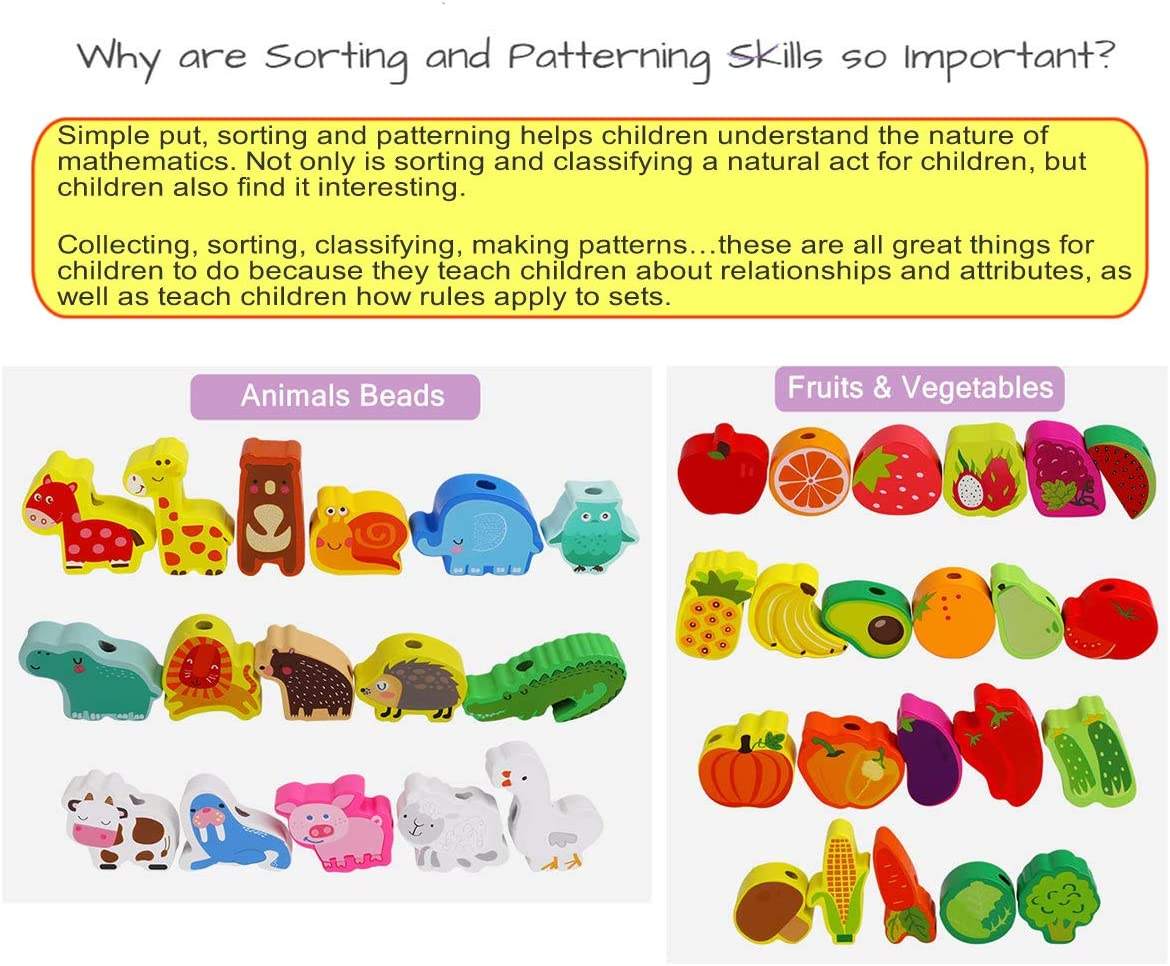 Montessori Educational Threading Toys Wooden Stringing Farm Animals Fruits Lacing Beads Preschool Toy for Toddler