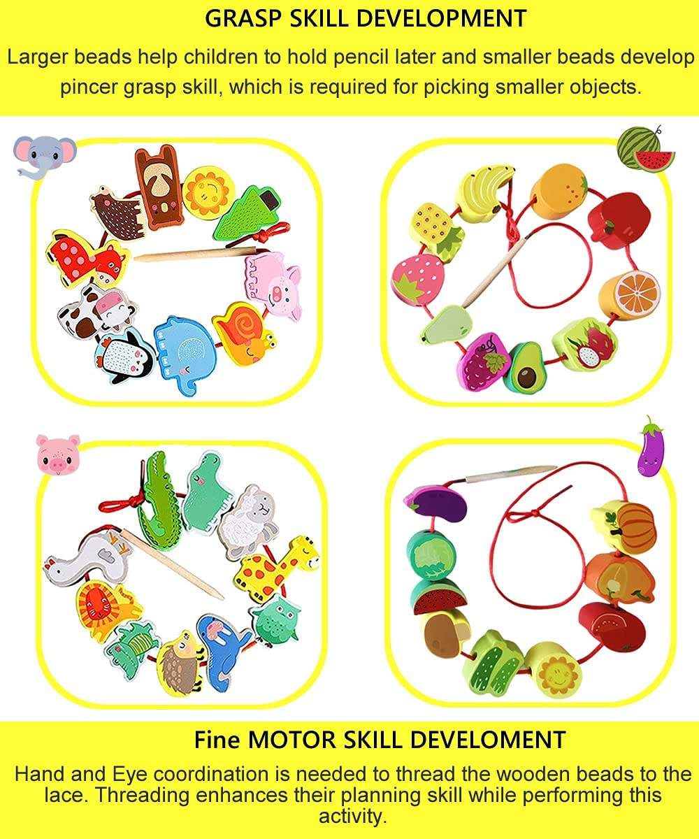 Montessori Educational Threading Toys Wooden Stringing Farm Animals Fruits Lacing Beads Preschool Toy for Toddler