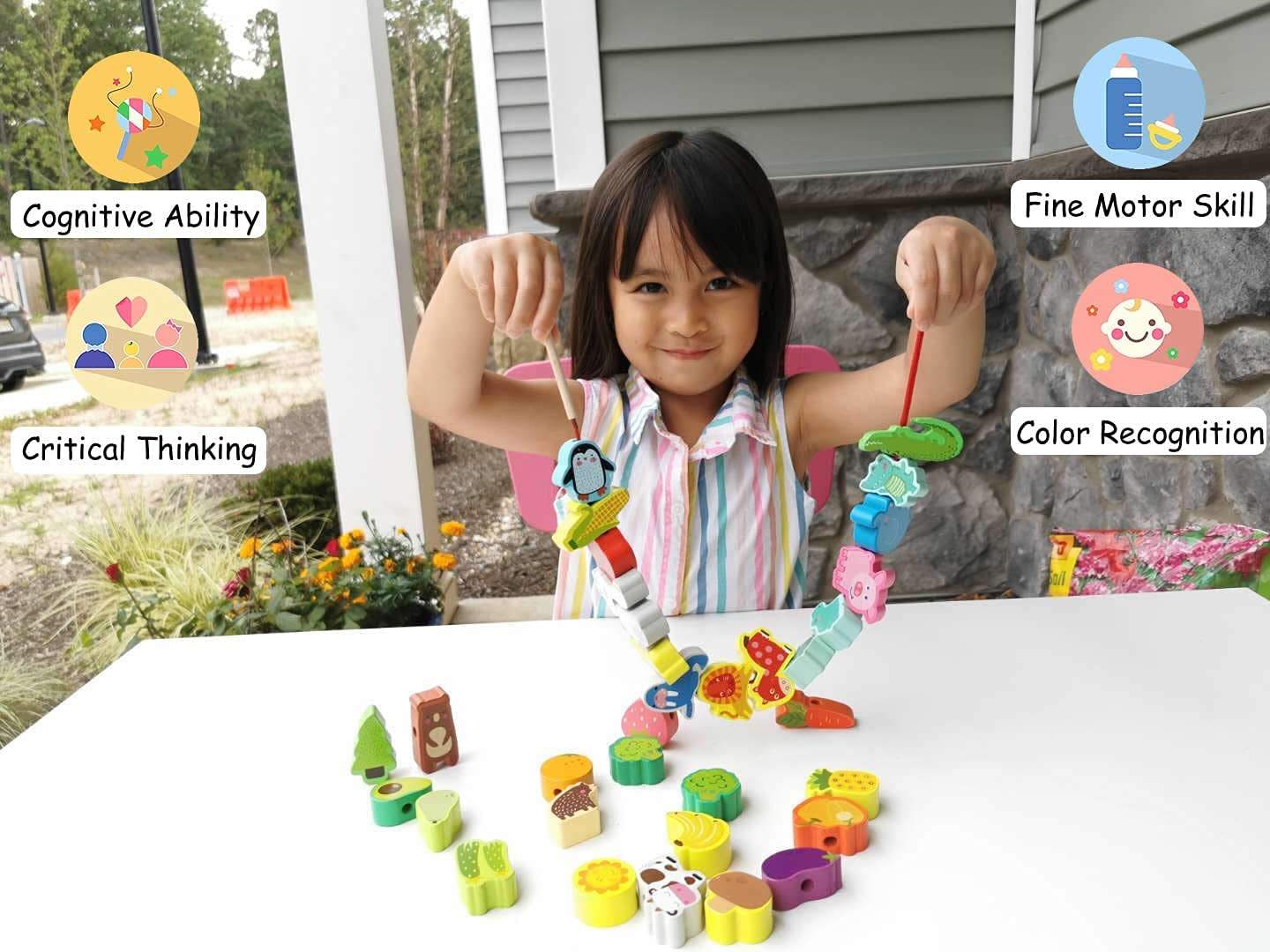 Montessori Educational Threading Toys Wooden Stringing Farm Animals Fruits Lacing Beads Preschool Toy for Toddler