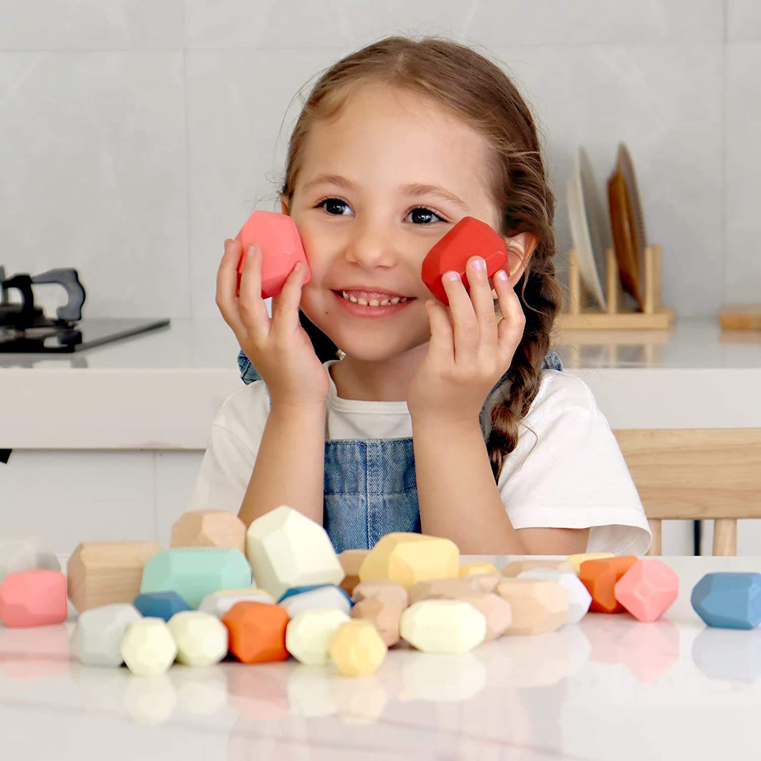 Montessori Wooden Sorting Stacking Rocks Balancing Stones toys Building Blocks Game Set for Kids