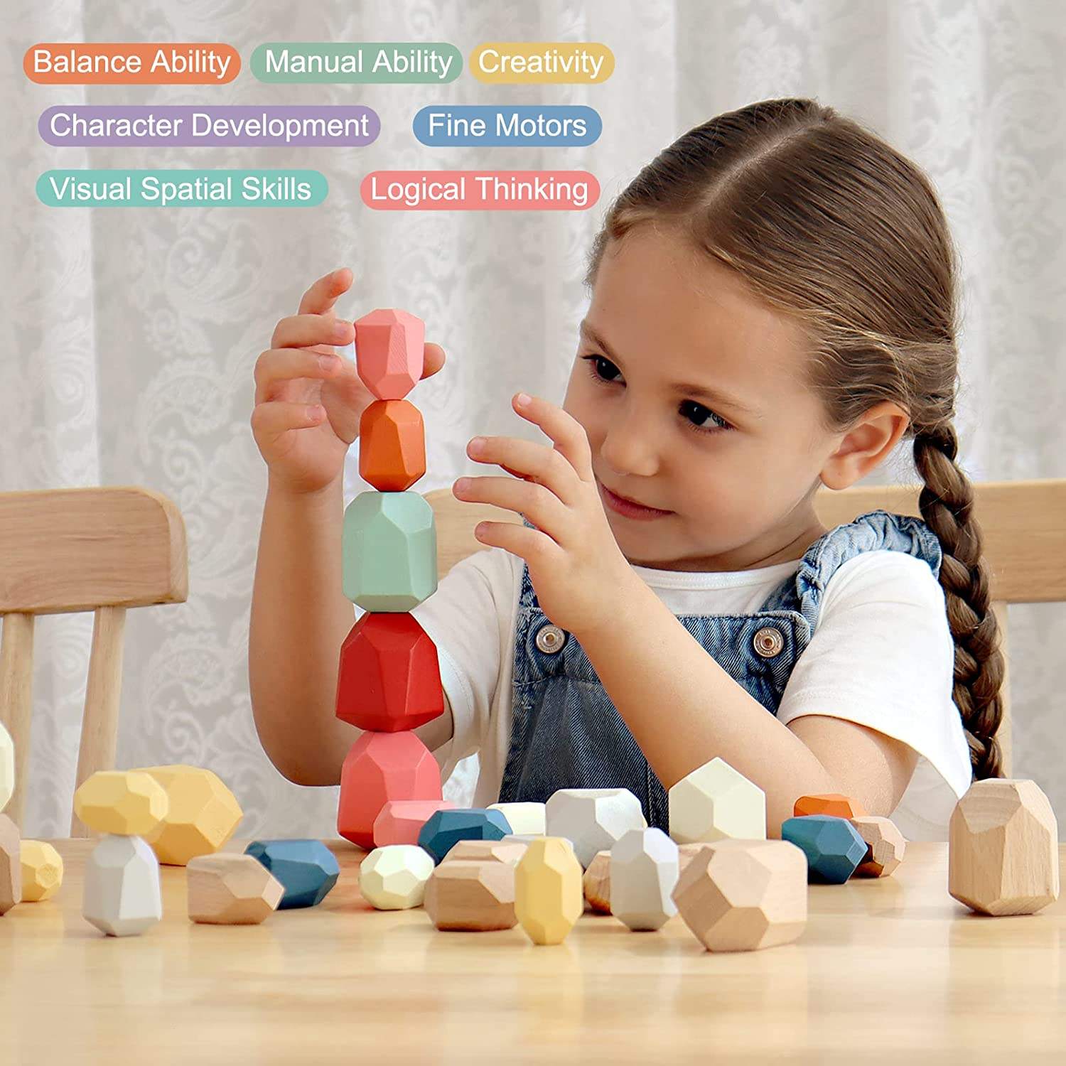 Montessori Wooden Sorting Stacking Rocks Balancing Stones toys Building Blocks Game Set for Kids