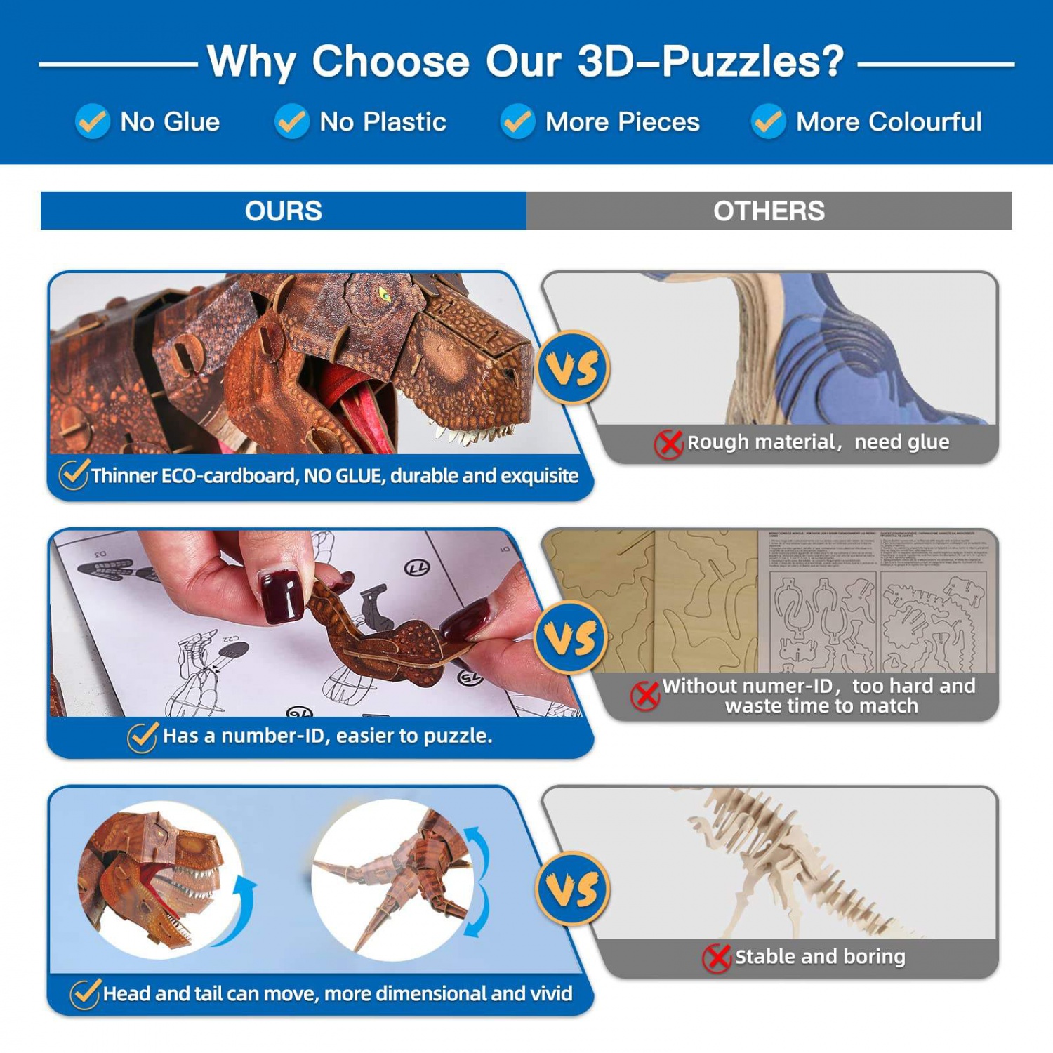 WANHUA montessori toddler 3d dinosaur custom wood puzzle for kids