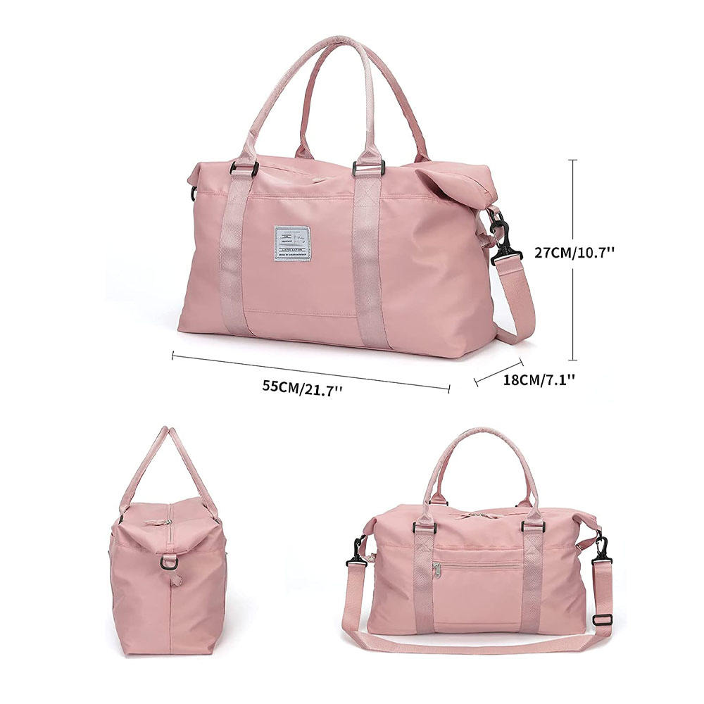 Custom Logo Print Polyester Nylon Large Travel Duffel Bag Sports Tote Gym Bag Shoulder Weekender Overnight Bag for Women
