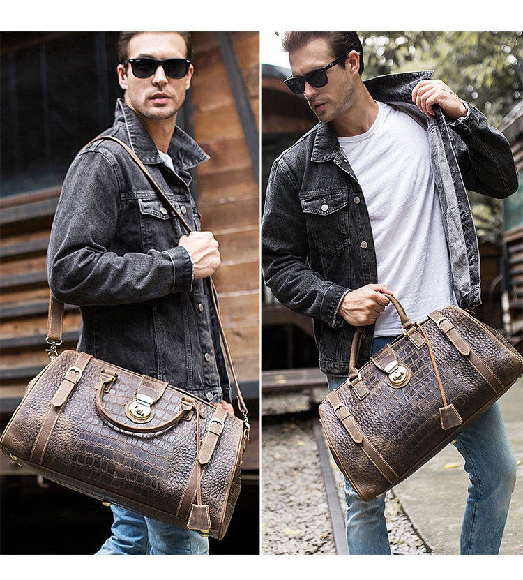 Luxury Genuine Leather Mens Crocodile Embossed Weekend Travel Bag Leather Luggage bag