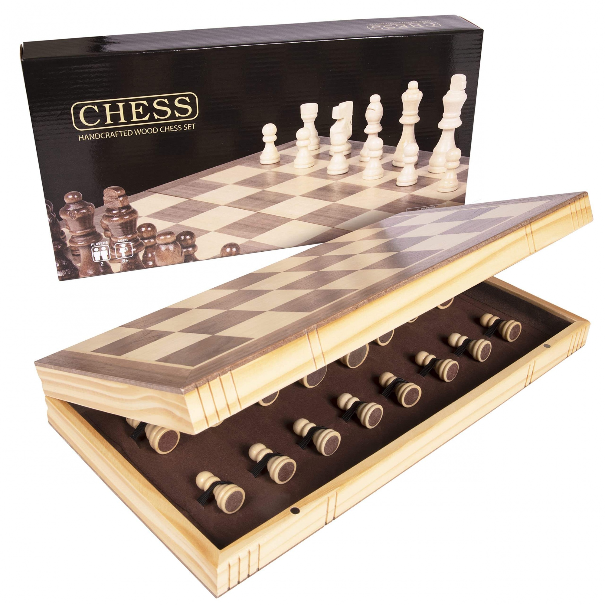 WANHUA Handmade Magnetic Wooden Folding Chess Board with Extra Queens & Storage for Chessmen, Adults and kids