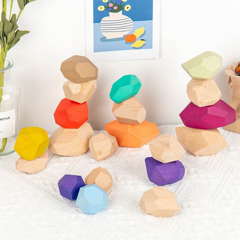 Wanhua Xy Multicolor Wooden Stacking Stones Toys Toddler Balancing Blocks Wood Rocks Stones Preschool Montessori Toys