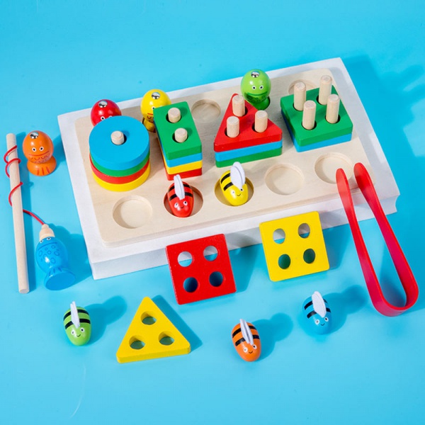 Wanhua New Cute Kids Wooden Fishing Toy Magnetic Colorful Stacking Blocks Board Educational Teaching Toys
