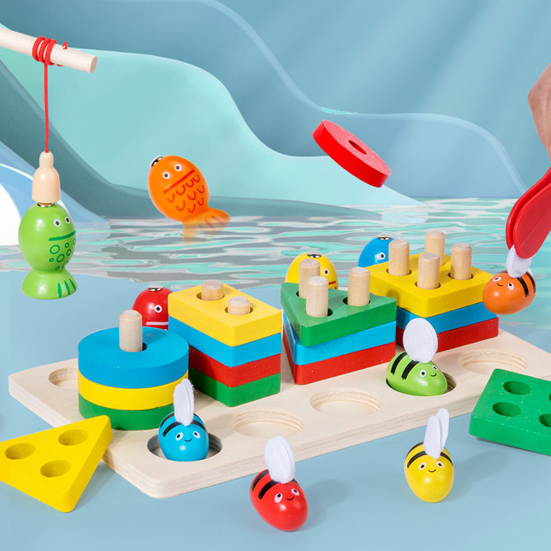 Wanhua New Cute Kids Wooden Fishing Toy Magnetic Colorful Stacking Blocks Board Educational Teaching Toys
