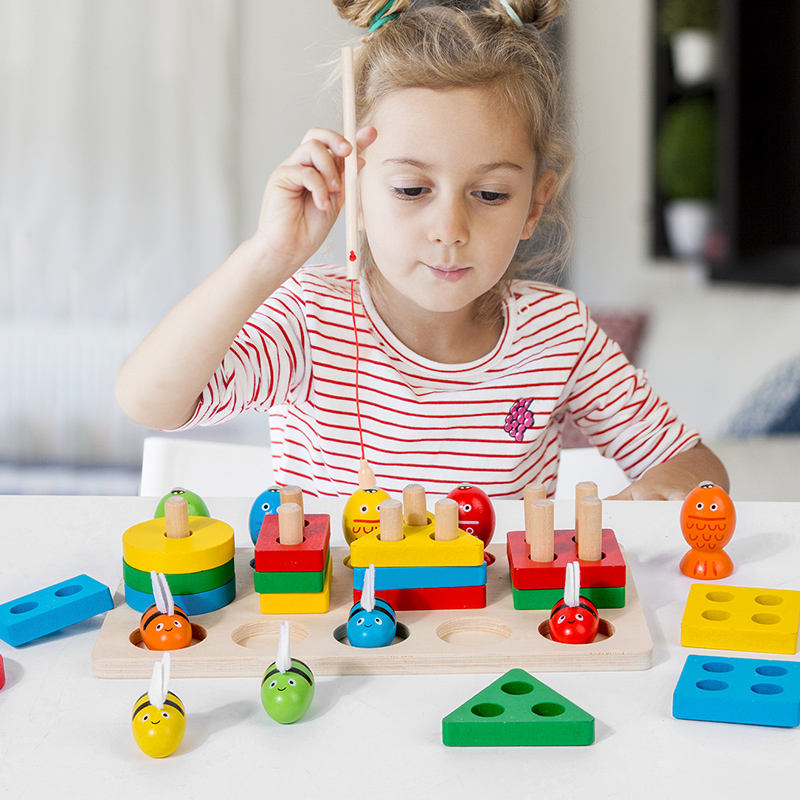 Wanhua New Cute Kids Wooden Fishing Toy Magnetic Colorful Stacking Blocks Board Educational Teaching Toys