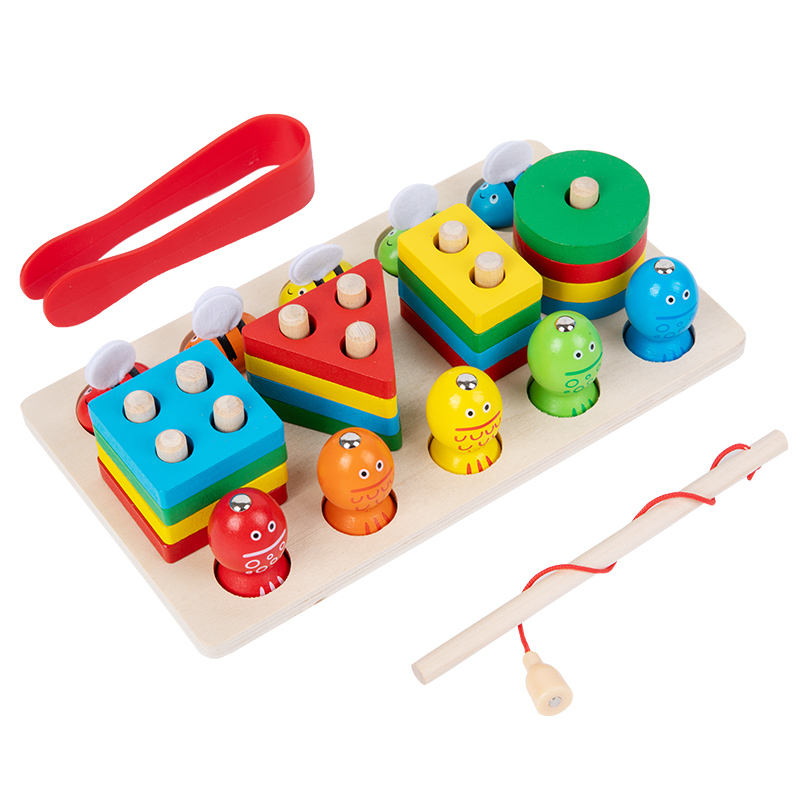 Wanhua New Cute Kids Wooden Fishing Toy Magnetic Colorful Stacking Blocks Board Educational Teaching Toys