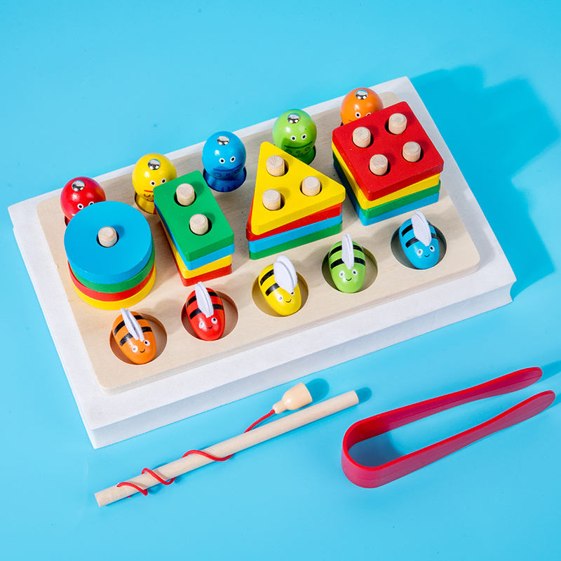 Wanhua New Cute Kids Wooden Fishing Toy Magnetic Colorful Stacking Blocks Board Educational Teaching Toys