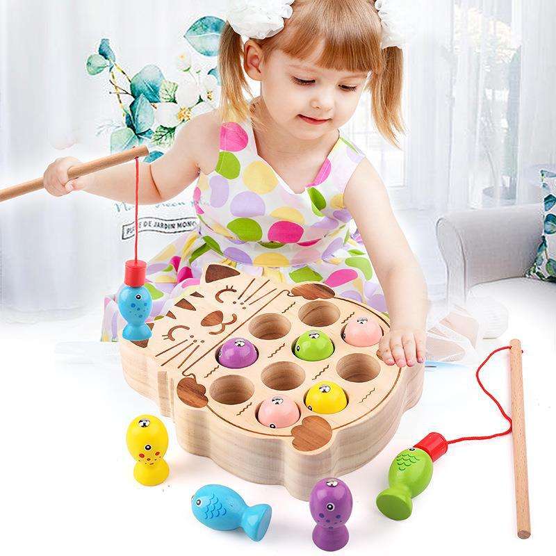 WANHUA high quality non toxic wooden pretend play fishing game toy magnetic montessori baby wood toys