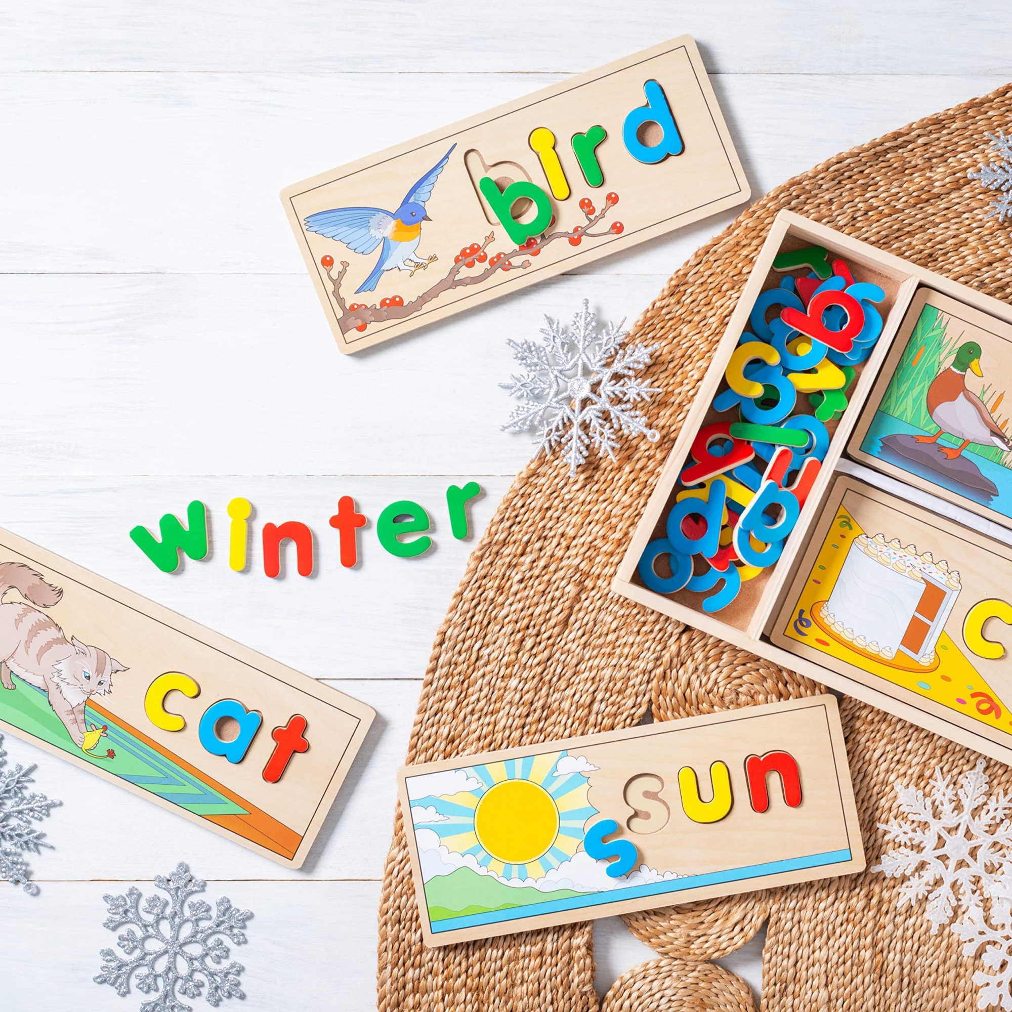 WANHUA Educational Toy With 8 Double-Sided Spelling Boards and 64 Letters - Preschool Learning Activities See & Spell Learning